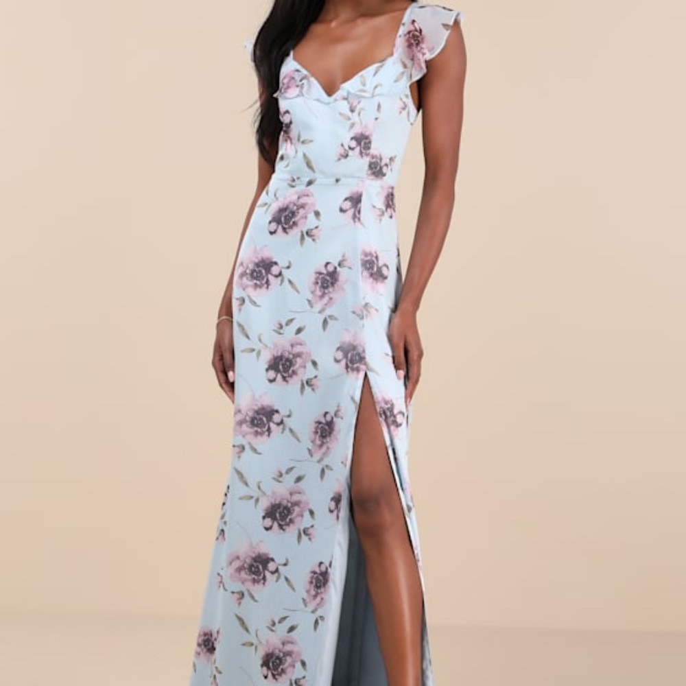 Lulus Sweetest Entrance Light Blue Floral Ruffled Tie-back Maxi Dress - Size L